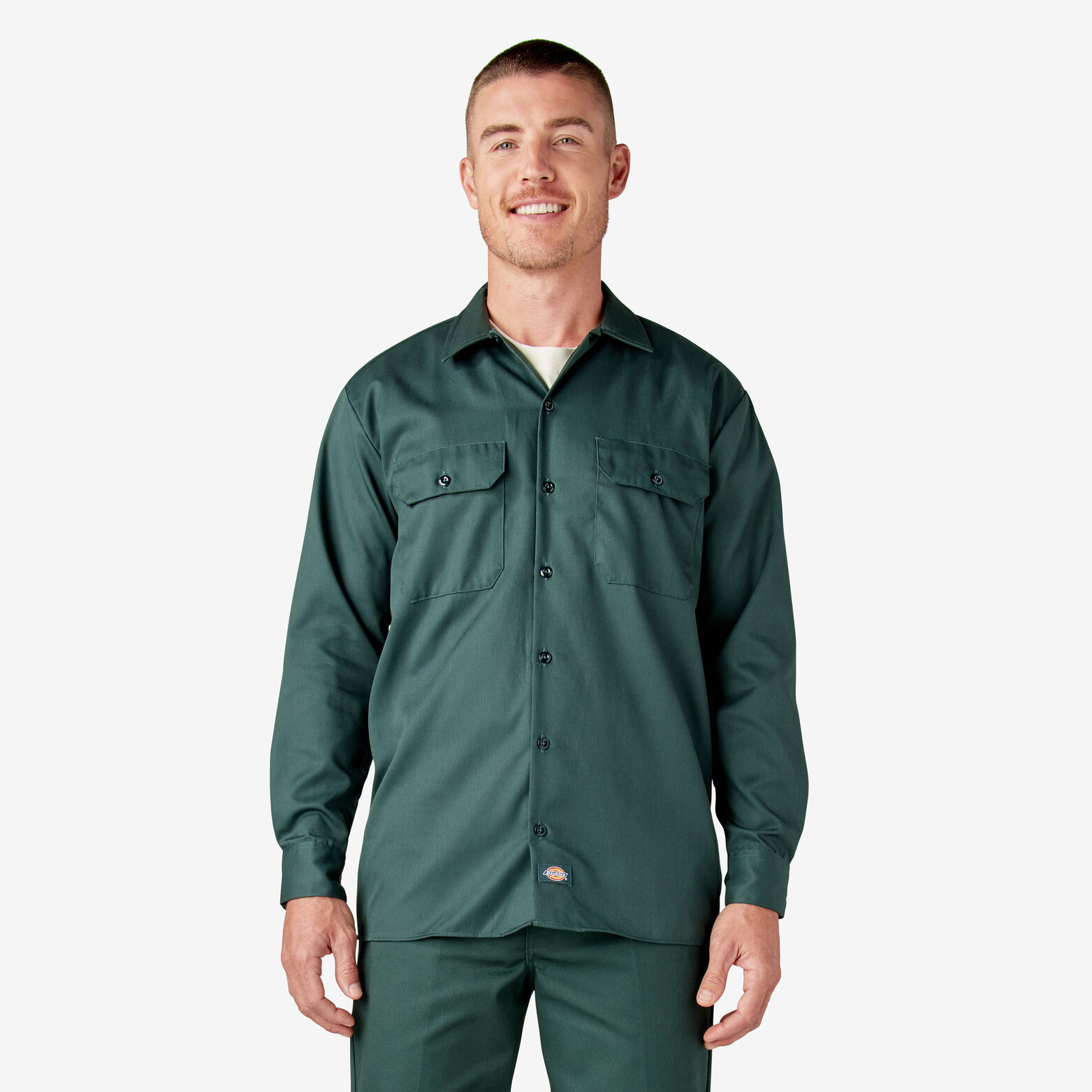 Dickies Mens Hunter Green Long Sleeve Work Shirt Uniform Button Up Casual 574